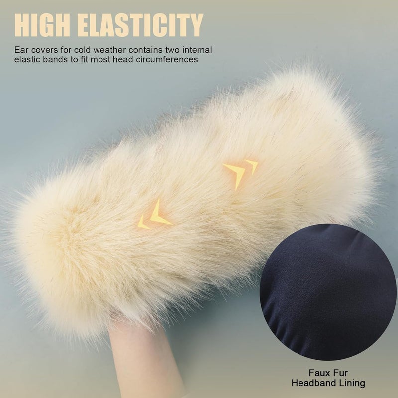 RANOME Faux Fur Headband for Women Elastic Fuzzy Thick Earmuffs Winter Headwrap Ear Muffs Furry Ear Warmers Cold Weather (Beige) - Image 3